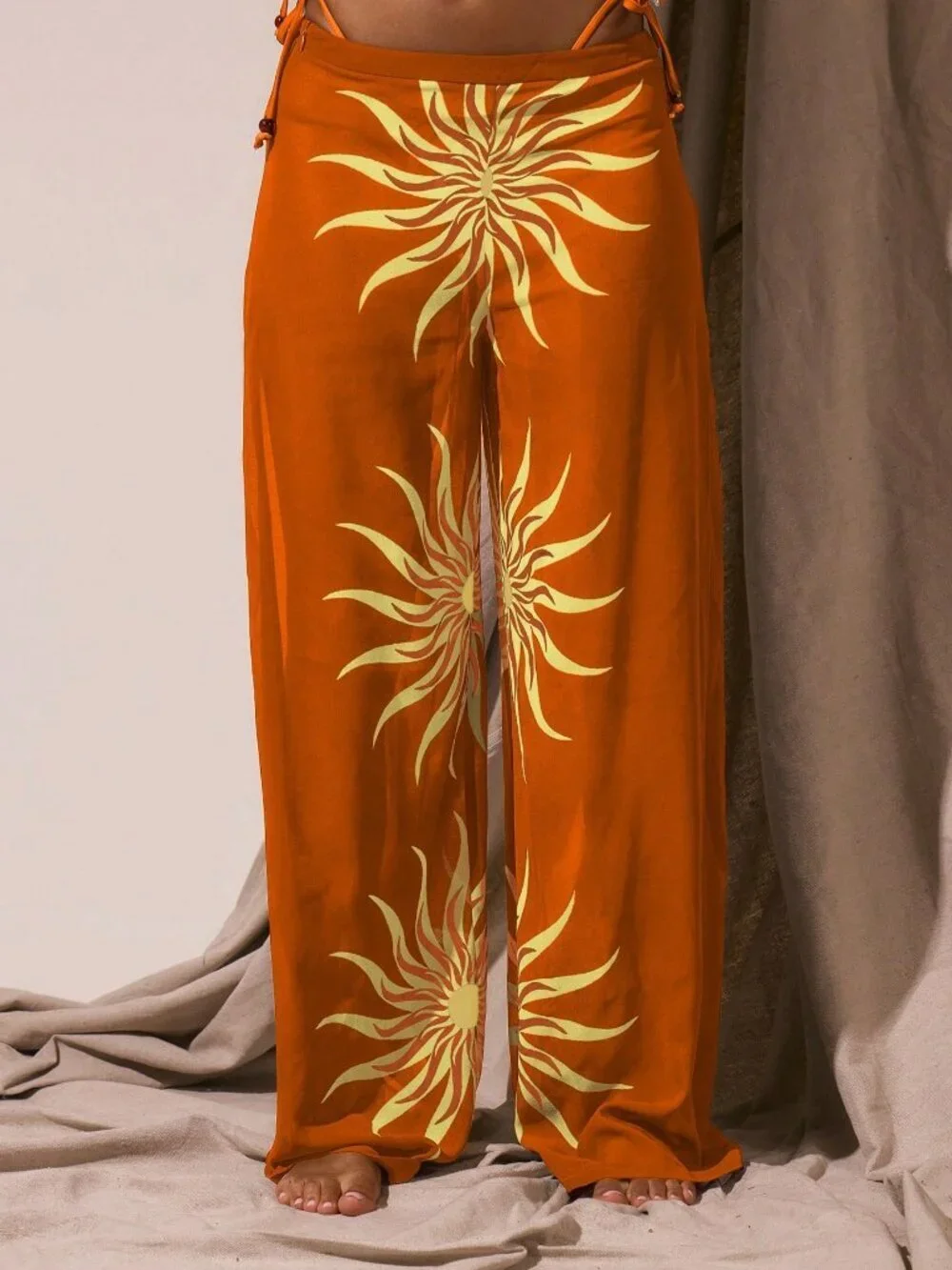 Burnt Orange Boho Women's Resort Graphic Sun Print Cover-Up Beach Pants